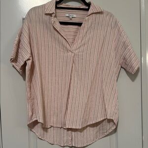 Madewell Pink and White Striped V-Neck Collared Short Sleeve Tunic